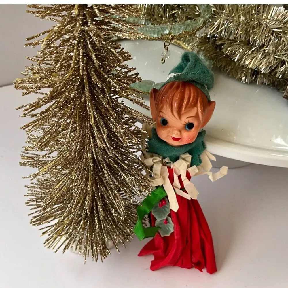 Vintage MCM pixie Christmas elf with crepe paper dress hard to find must see